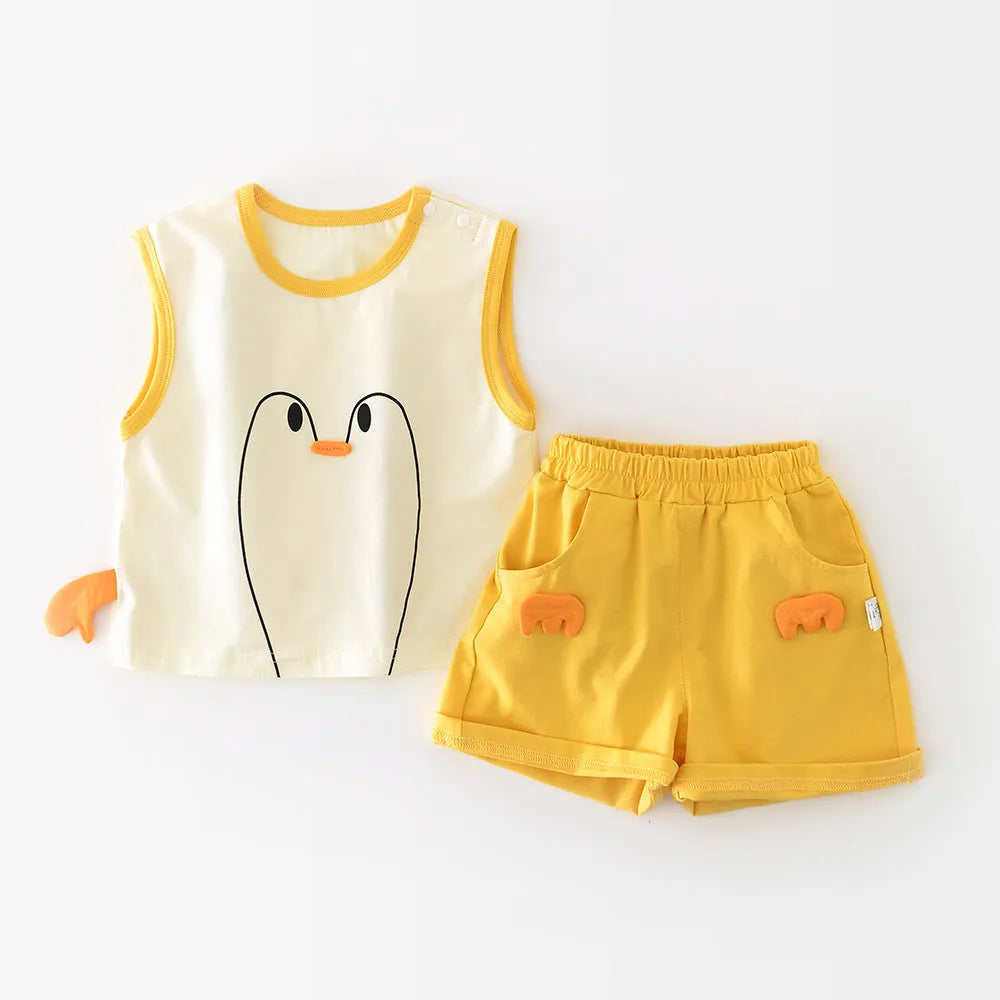 Infant toddler yellow cotton blend vest set with Big White Goose cartoon blouse and shorts