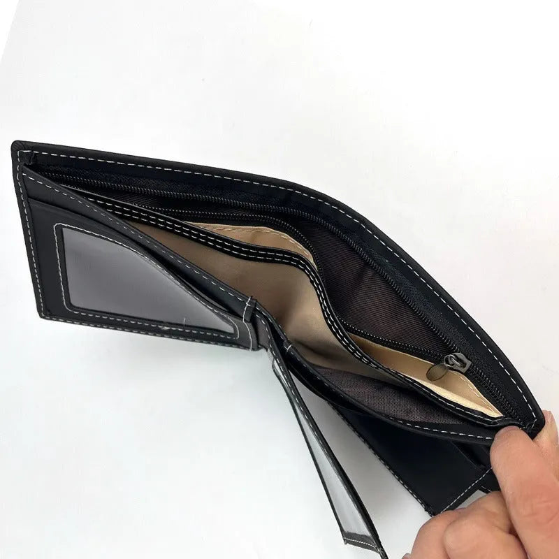 Black animal print men's short wallet with a zipper closure and multiple card slots.