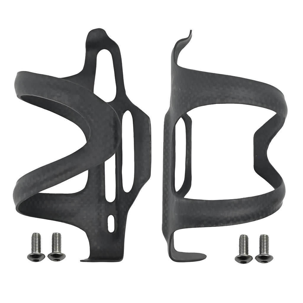 Black all-carbon fibre side-pull bicycle water bottle cage with 65mm mounting holes.