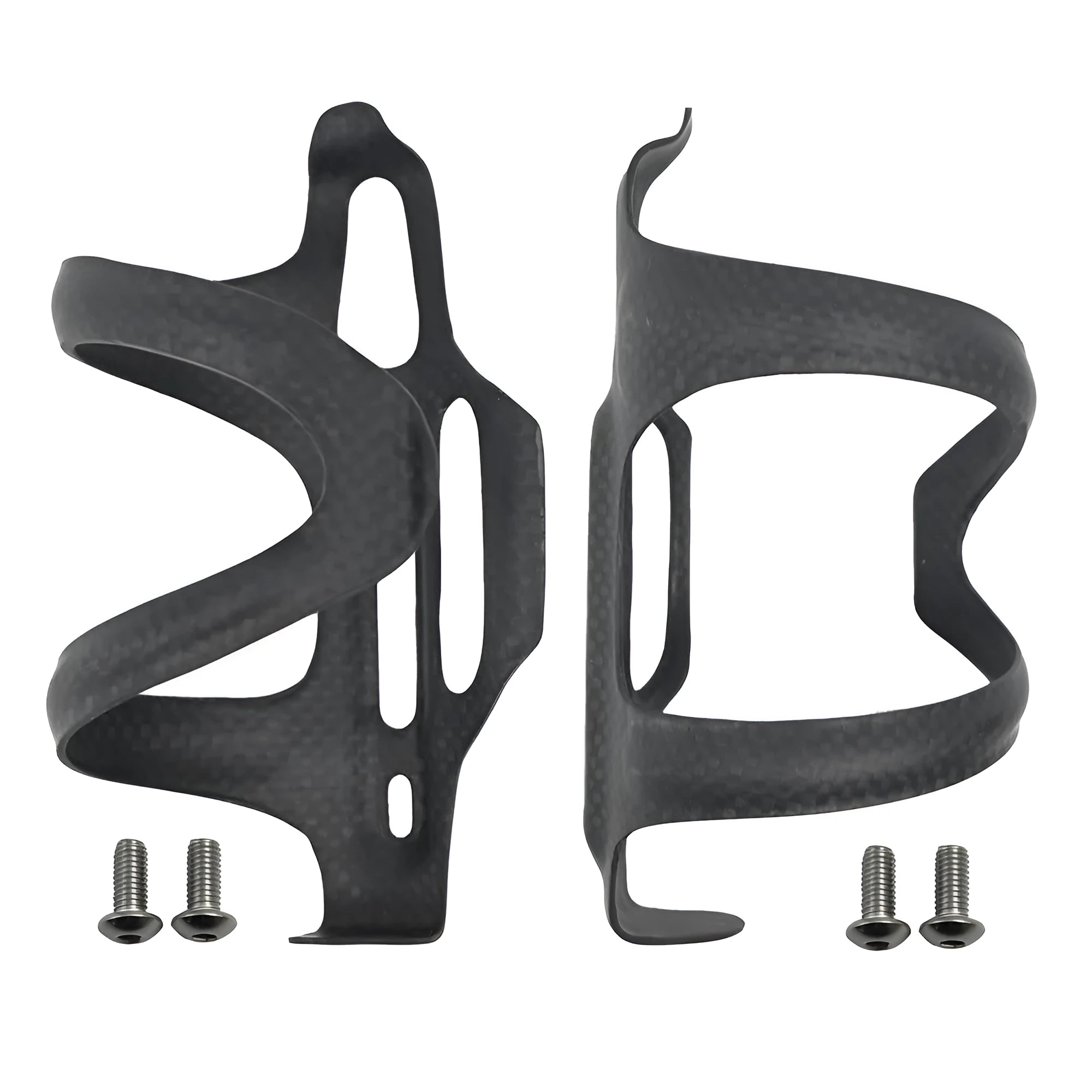 Black all-carbon fibre side-pull bicycle water bottle cage with 65mm mounting holes.