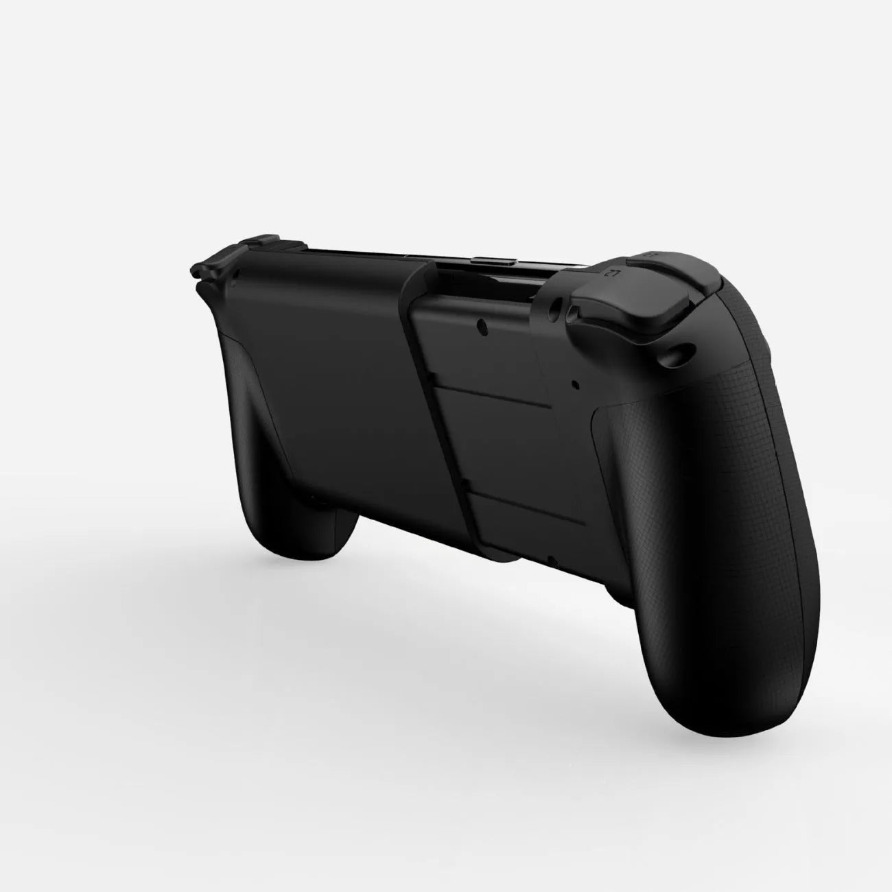 Black Bluetooth wireless game controller for mobile phones shown next to a smartphone