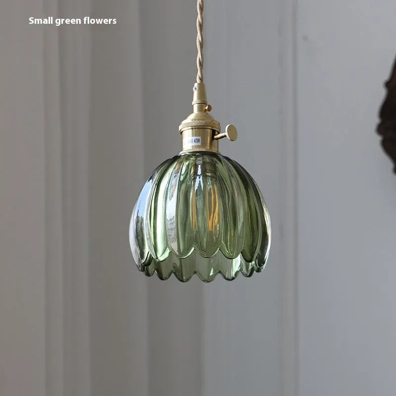 Vintage nordic style bedroom chandelier with glass flower shades in amber, green, grey, white, or transparent.