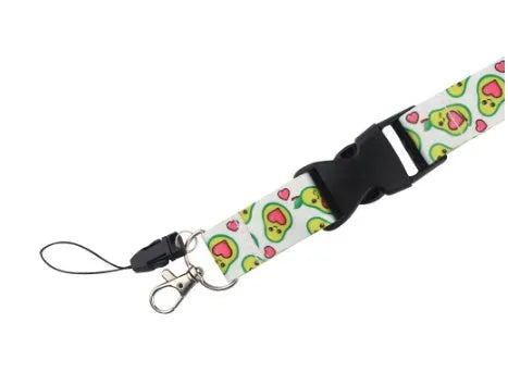 Polyester lanyard with double-sided avocado cartoon print and plastic buckle, shown at full 45cm length.