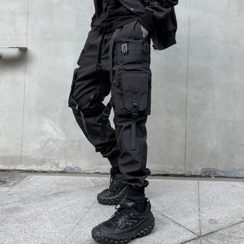 Men's black loose fit casual overalls with elasticated waist and binding hem, front view
