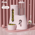 White, blue, and pink hamster automatic water feeder with attached food dish in large and small sizes.
