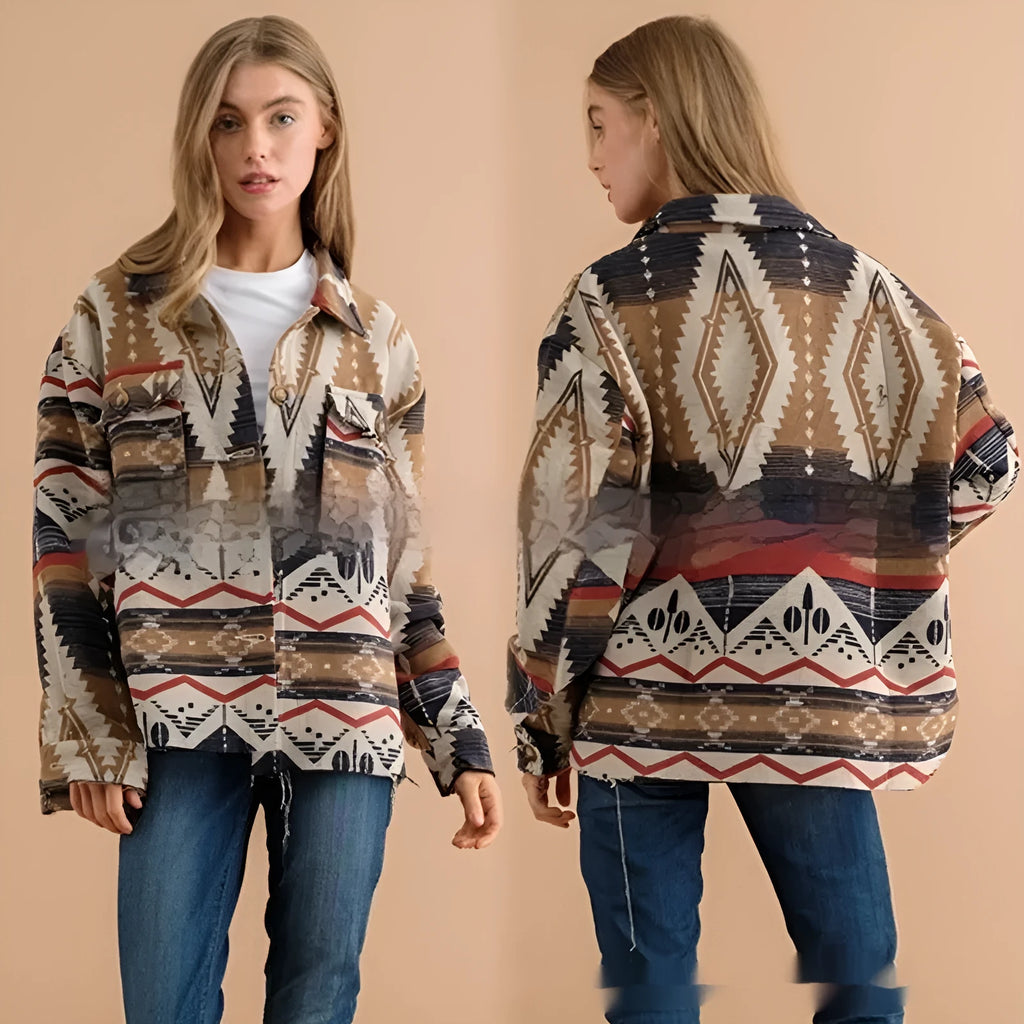 Women's loose-fit retro jacket with Aztec print in woolen fabric, shown in army green.