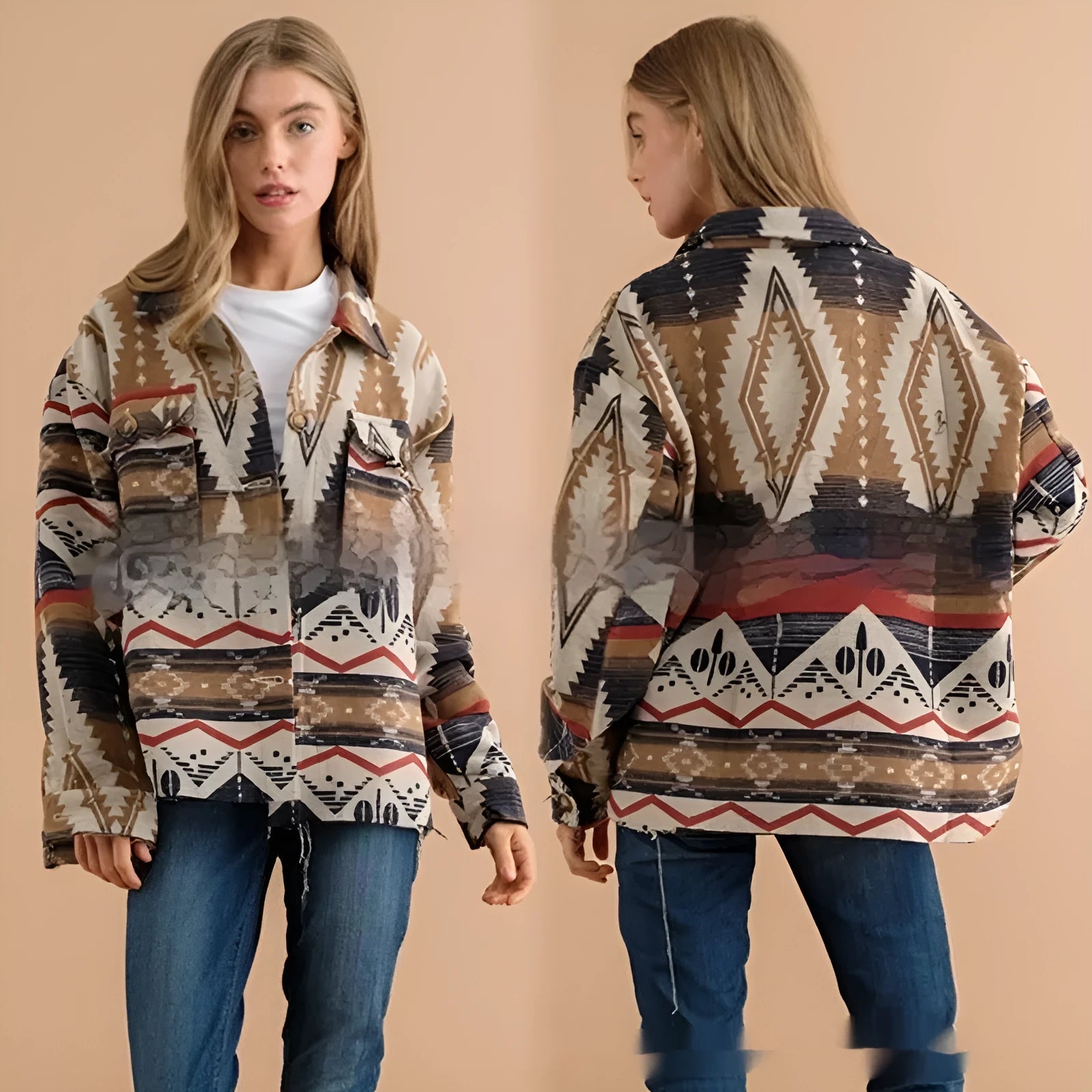 Women's loose-fit retro jacket with Aztec print in woolen fabric, shown in army green.