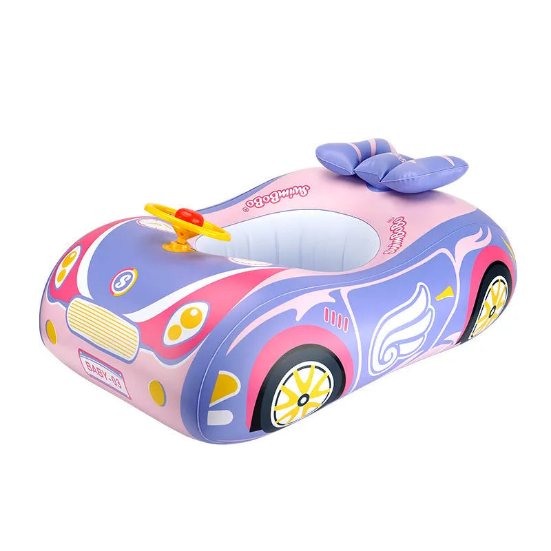 Pink children's inflatable swimming ring with mini steering wheel and sports car boats pattern