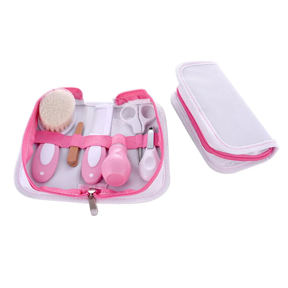 Cherry pink baby nail comb care set with 6 grooming tools including brush and scissors