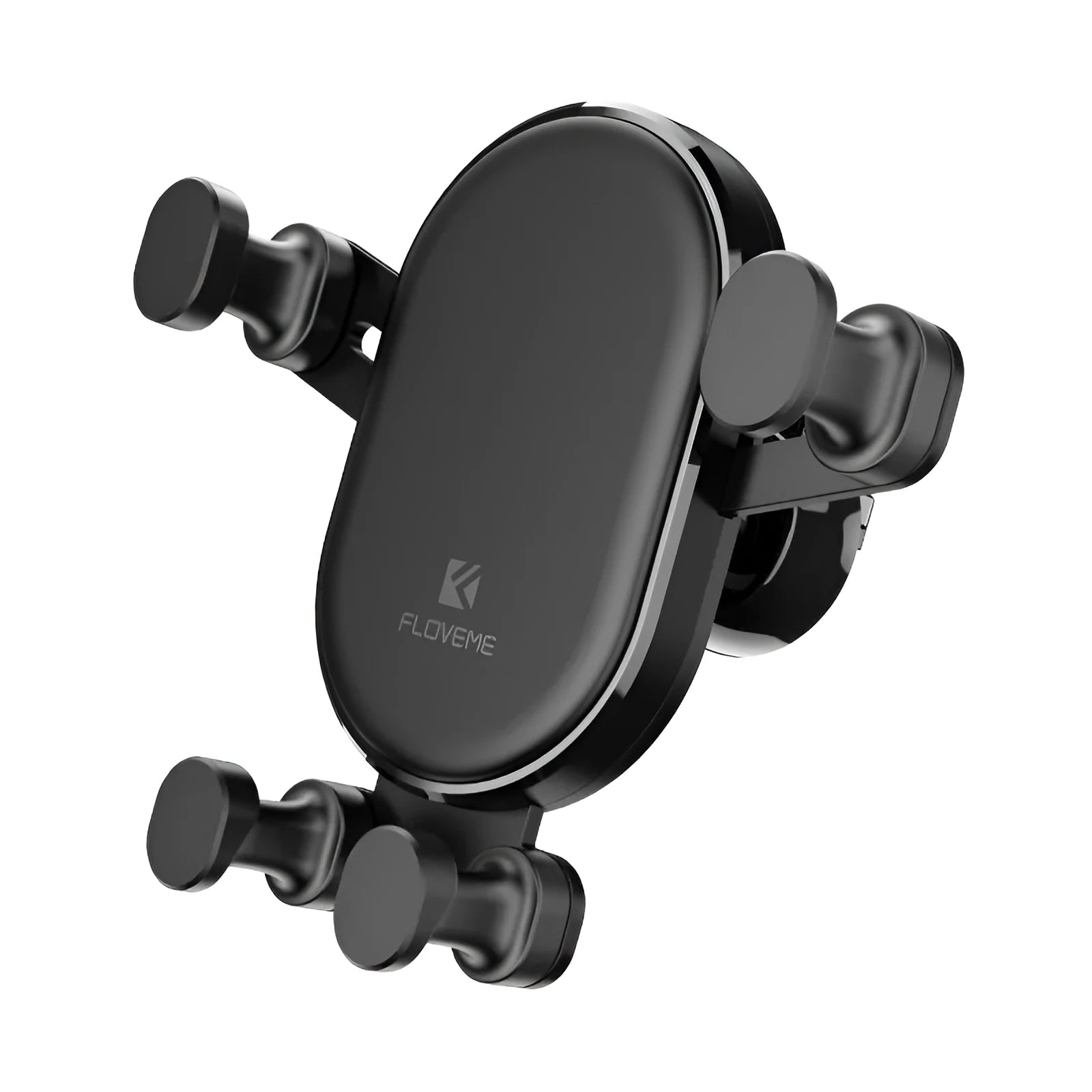 Black car phone holder with gravity bracket mounted on a car dashboard