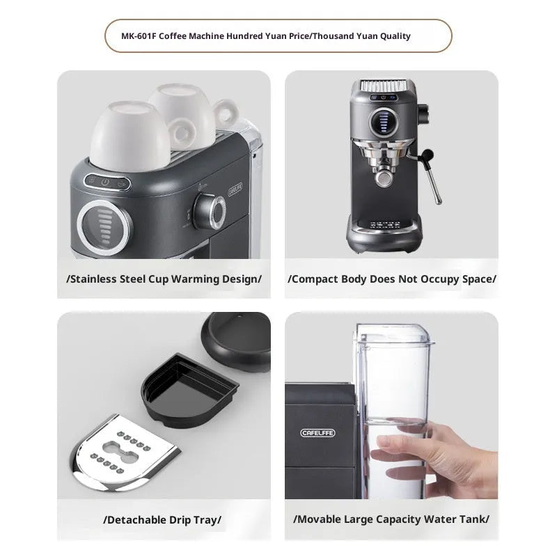 Dark gray household espresso coffee machine with stainless steel oiled plastic body and steam froth wand