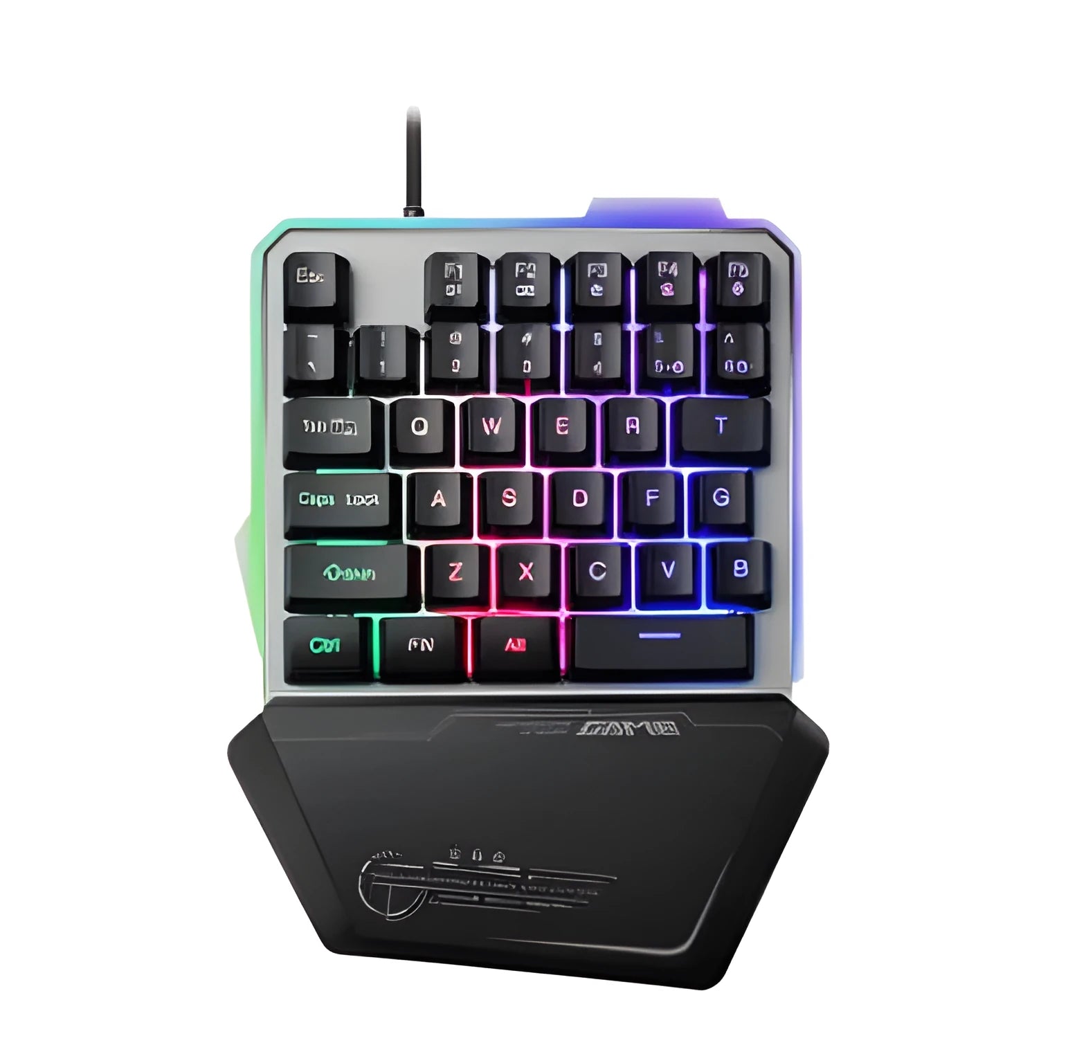 Black robotic one-handed mechanical keyboard with RGB backlit keys on a desk.