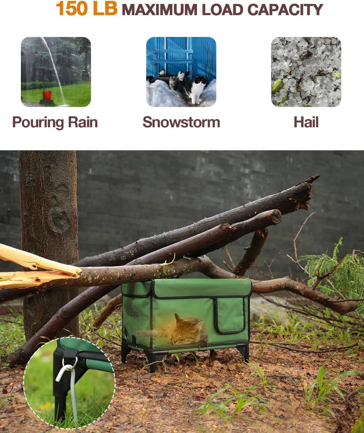 Green foldable cat cage with removable cloth cover, shown in a garden setting.