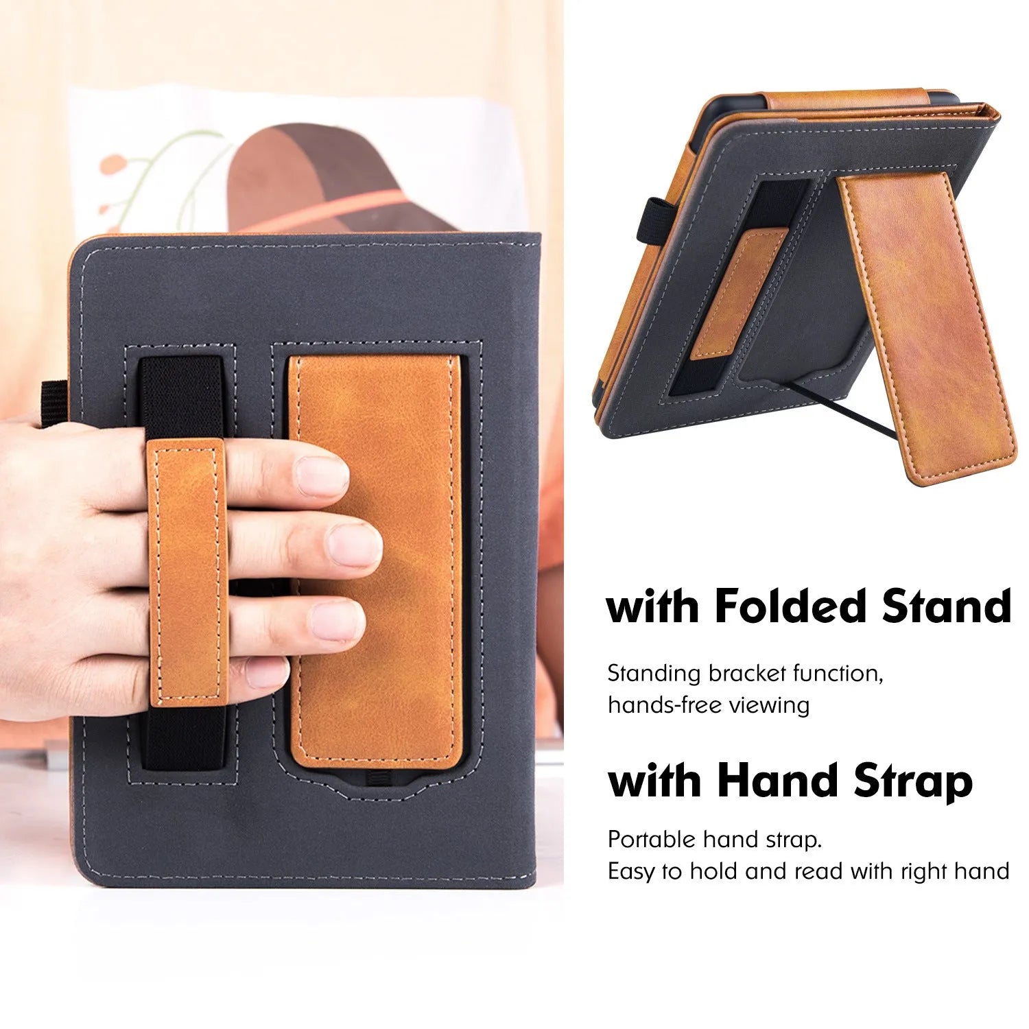 Kindle Paperwhite 11 leather case with attached wrist splint bracket in a choice of colours.