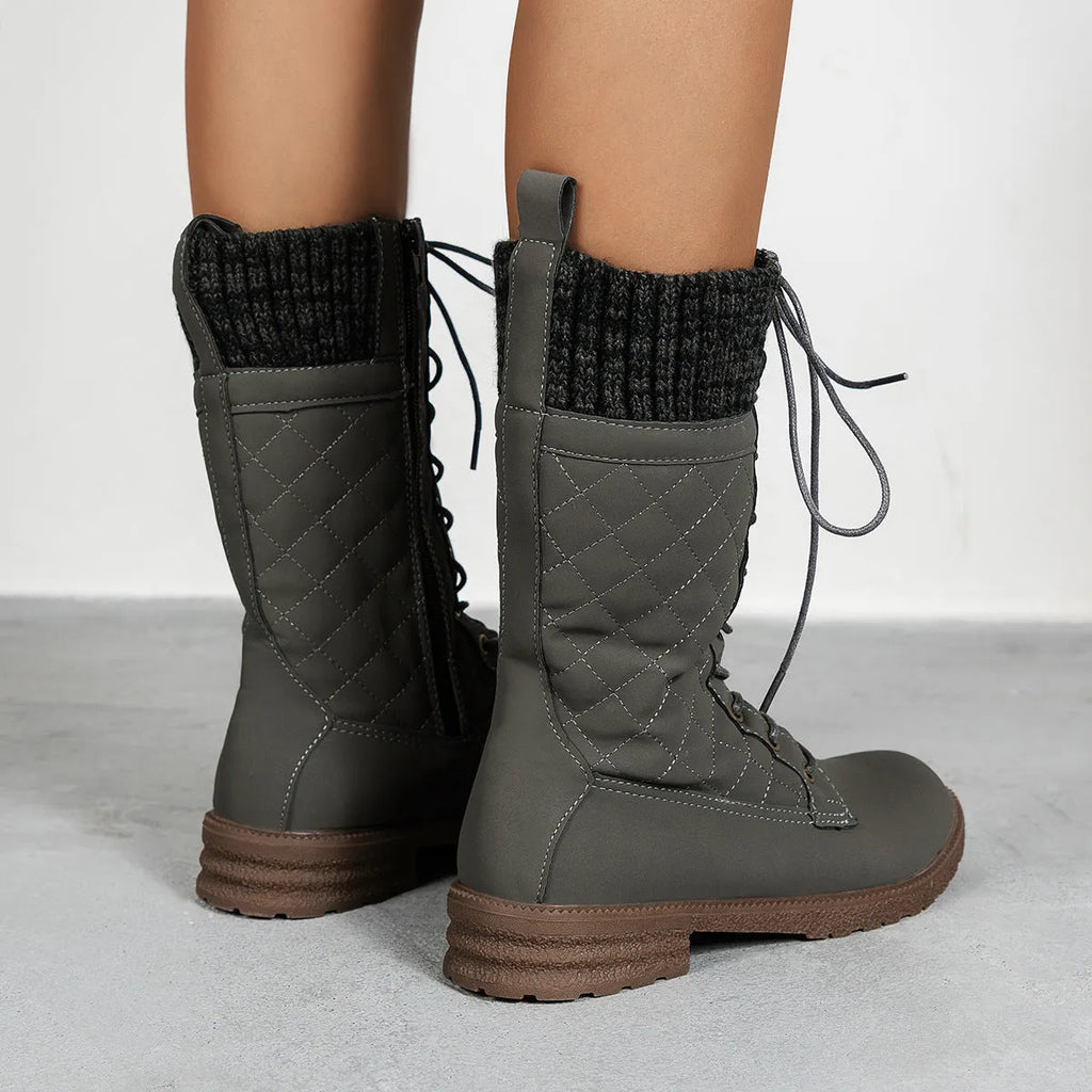Women's lace up winter cowboy boots block heel round toe artificial PU in black dark brown grey