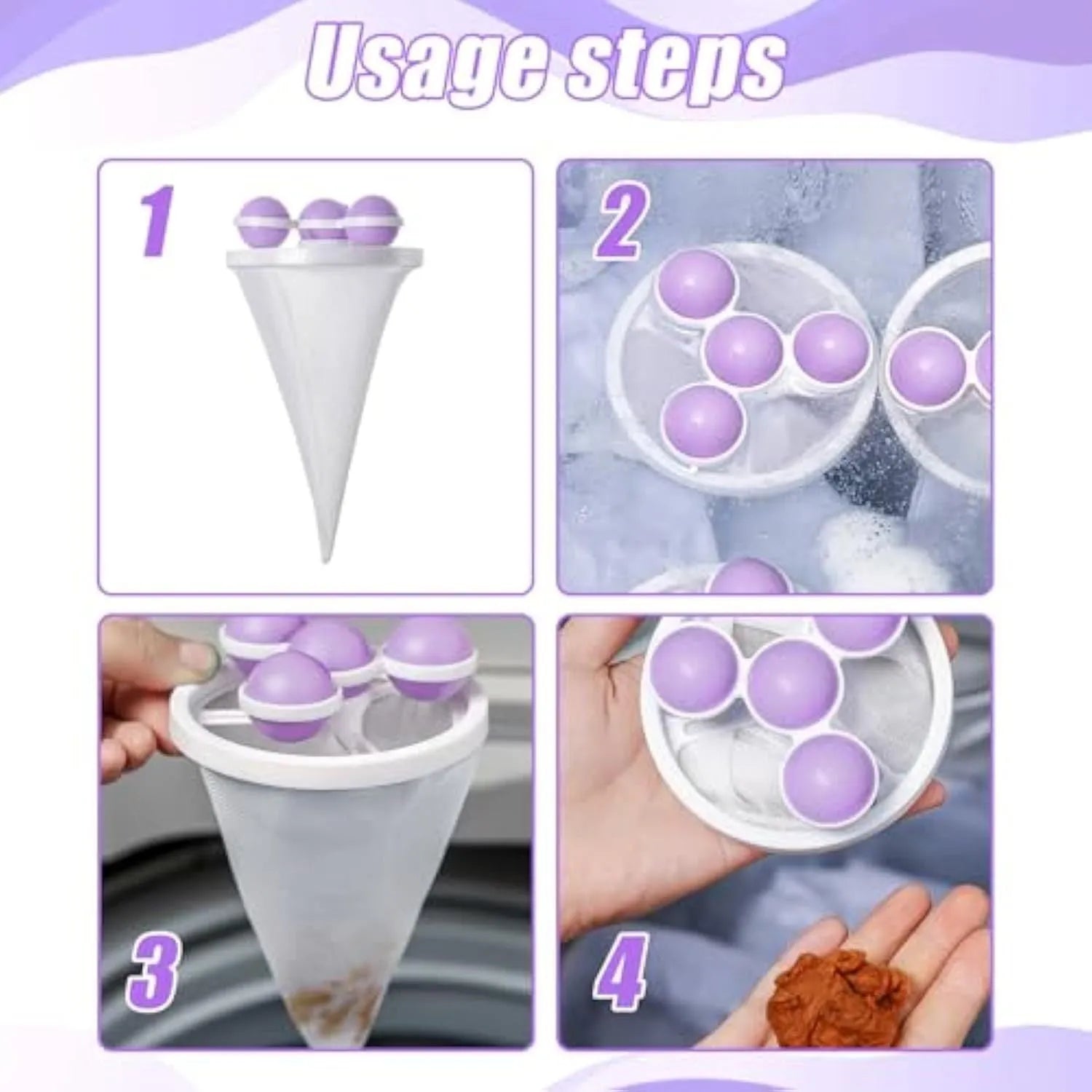 Set of three reusable pink, blue, and purple washing machine hair filter bags for catching pet hair and lint.
