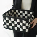 Checkerboard pattern black and white woven felt storage basket with handles