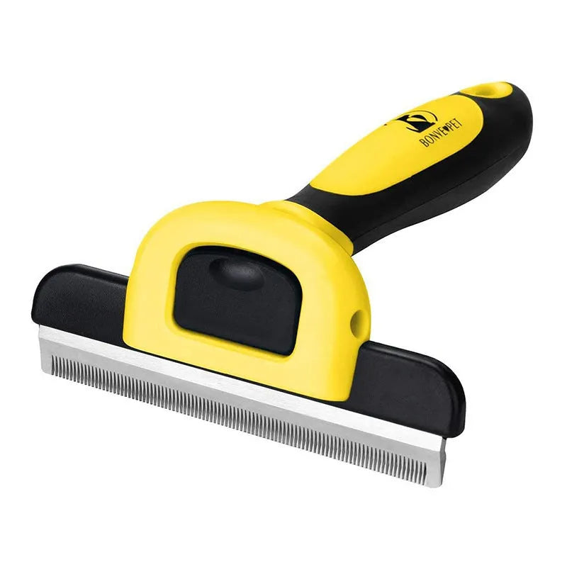 Yellow and blue pet grooming comb with stainless steel teeth and plastic handle for dog hair removal