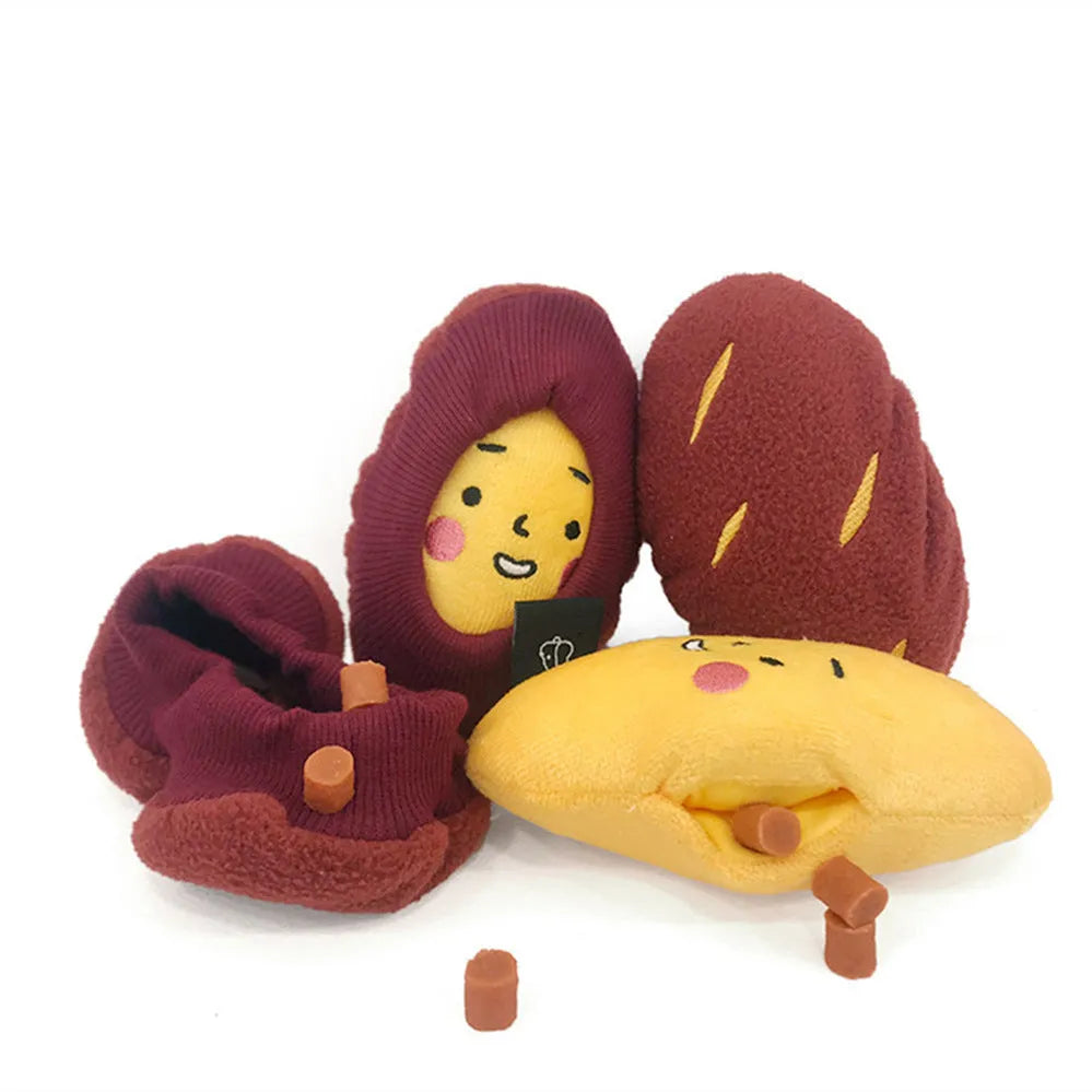 Red silicone sweet potato pet puzzle toy with hidden treat compartments for dogs