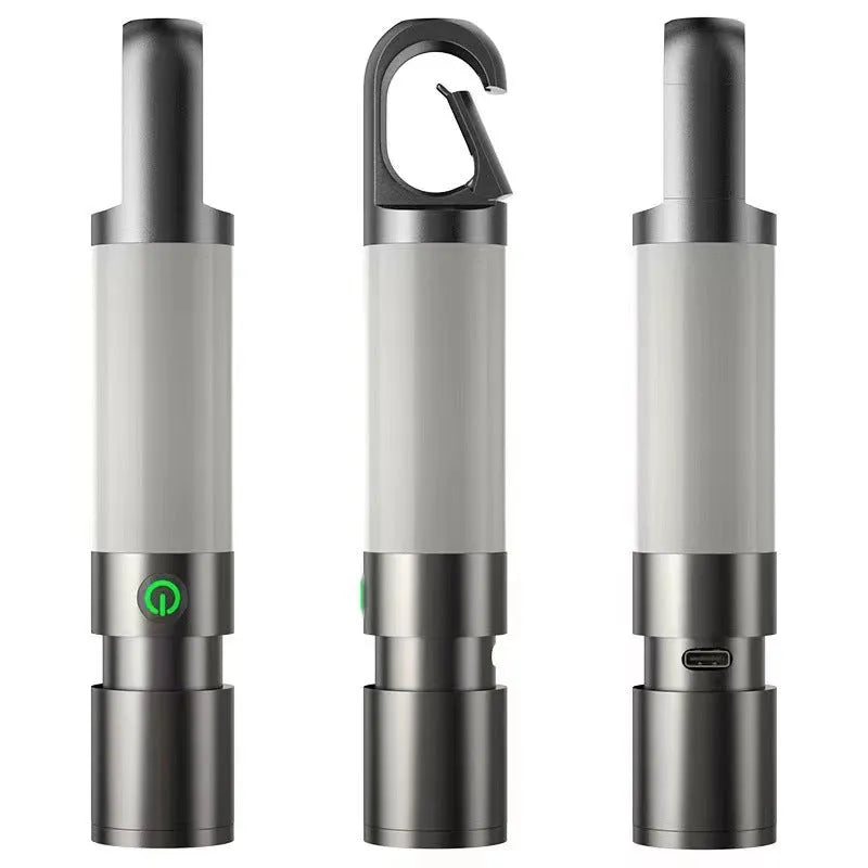 Silver aluminium alloy outdoor charging LED work light with magnetic top and hook, on a dark surface