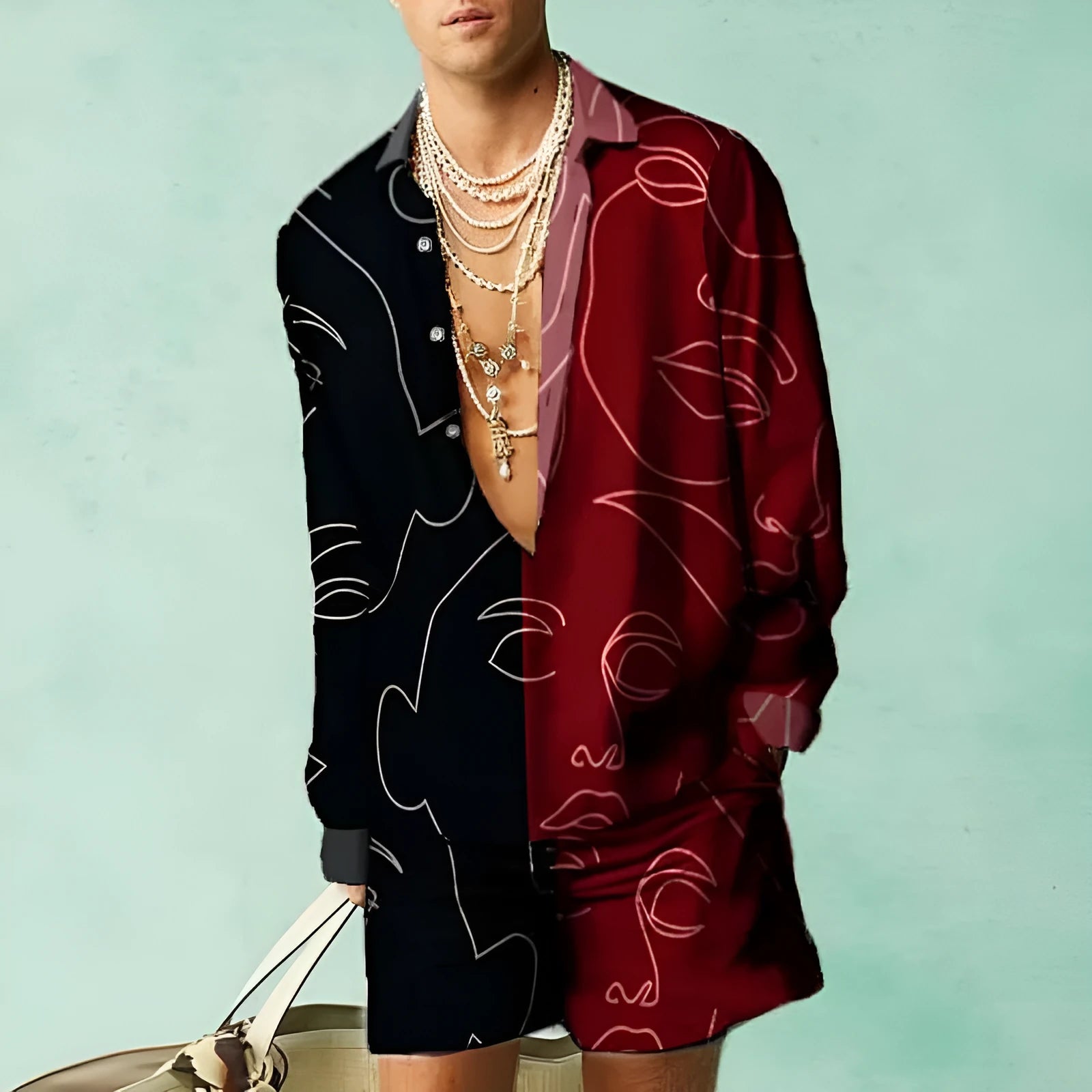 Casual slim-fit long sleeve shirt and matching shorts set for summer, available in various colours.