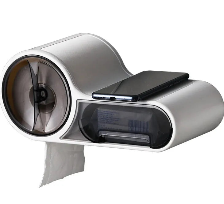 White plastic bathroom roll holder with a streamline curve design on a bathroom surface.