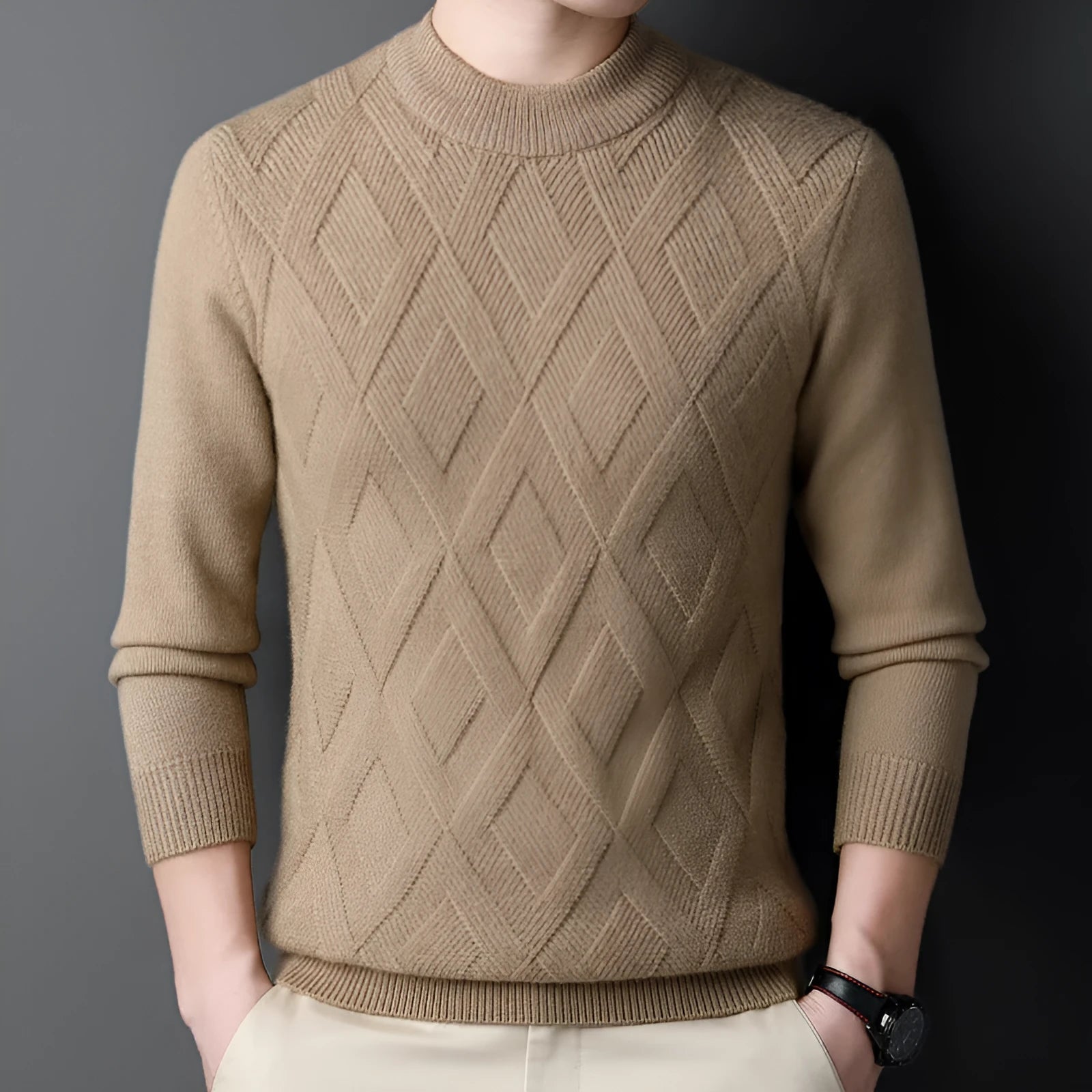 Men's diamond jacquard thermal sweater in wool blend fabric showing thick knit texture