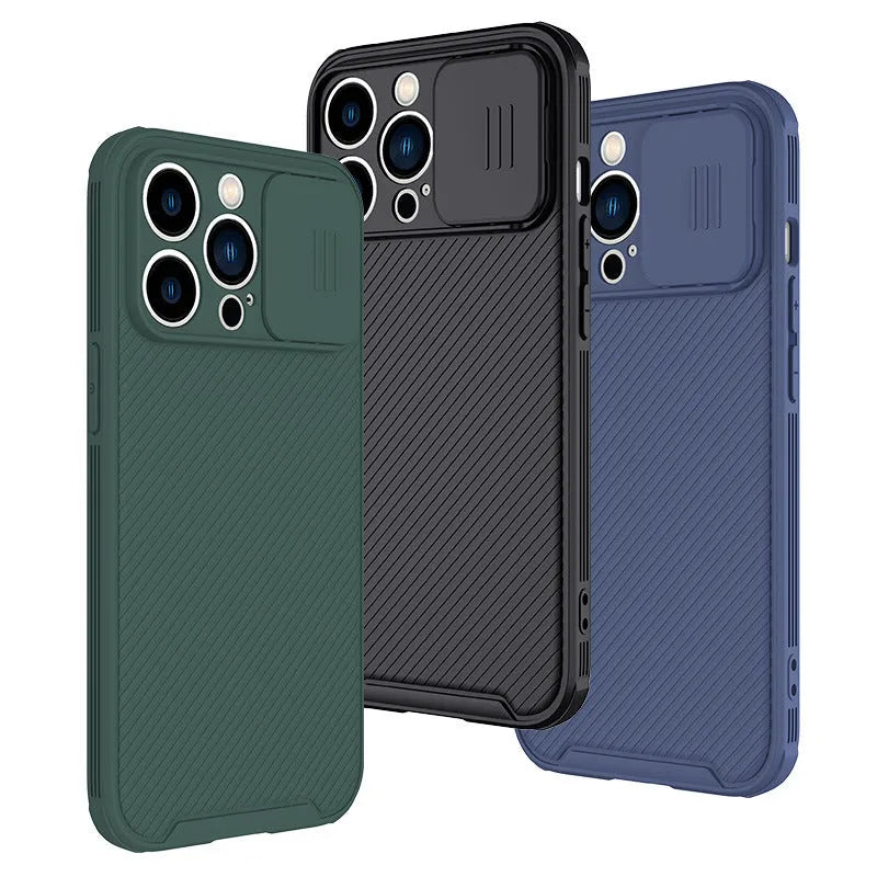 TPU sliding window wireless charging phone case for iPhone 13 and 12 series in black fine hole design
