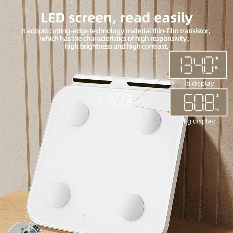 White intelligent body fat scale with 8 electrodes and a tempered glass platform.