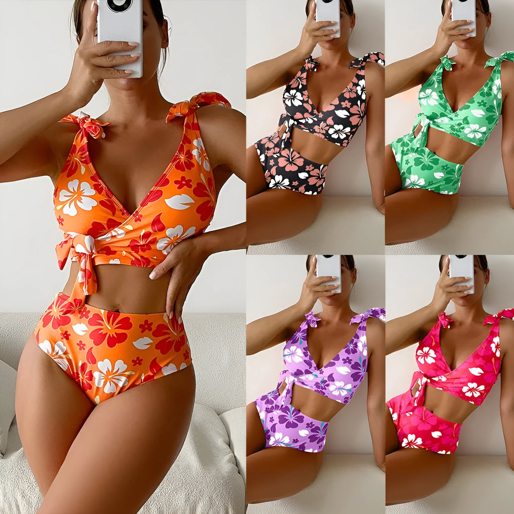 Women's high-waisted floral print bikini with lace-up split front and backless top in polyester