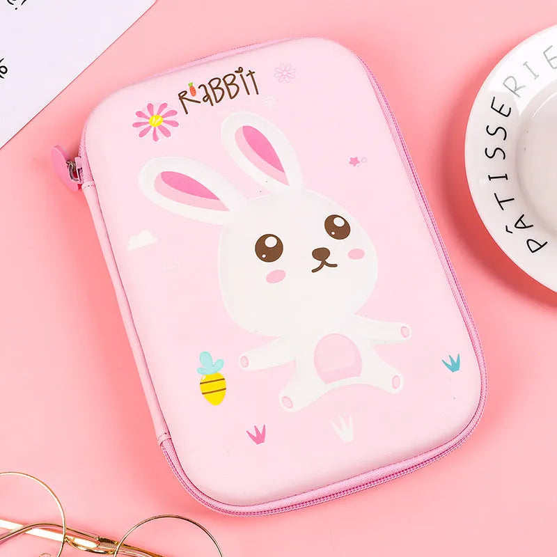 Square canvas cartoon anime stationery box with zip, in dinosaur, moon cat, or rabbit design.