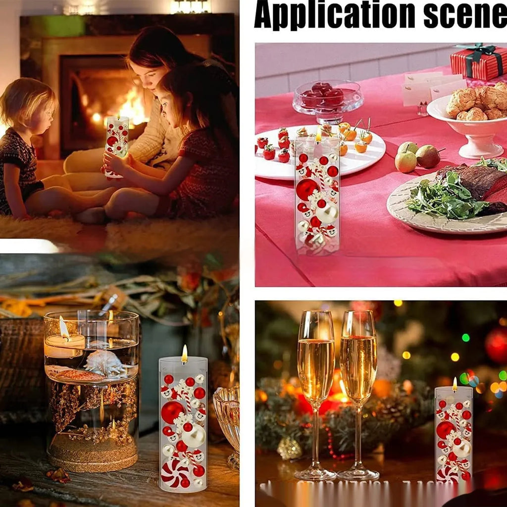Two red suit floating stuffed vase Christmas decorations with plastic floating filling vase on a table
