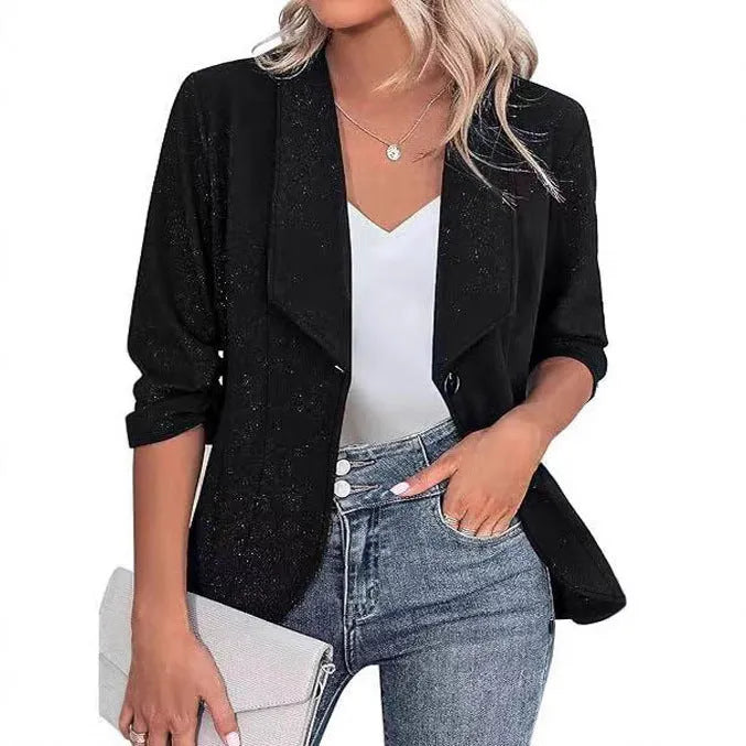 Women's slim-fitting black polyester cardigan jacket with long sleeves on a hanger.
