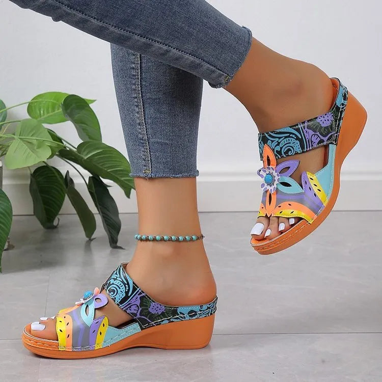 Ethnic cool girl coloured slope and totem slippers with cowhide uppers and rubber soles