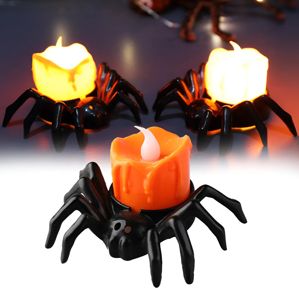 Halloween spider candlestick ornament with plastic construction and battery-powered lighting