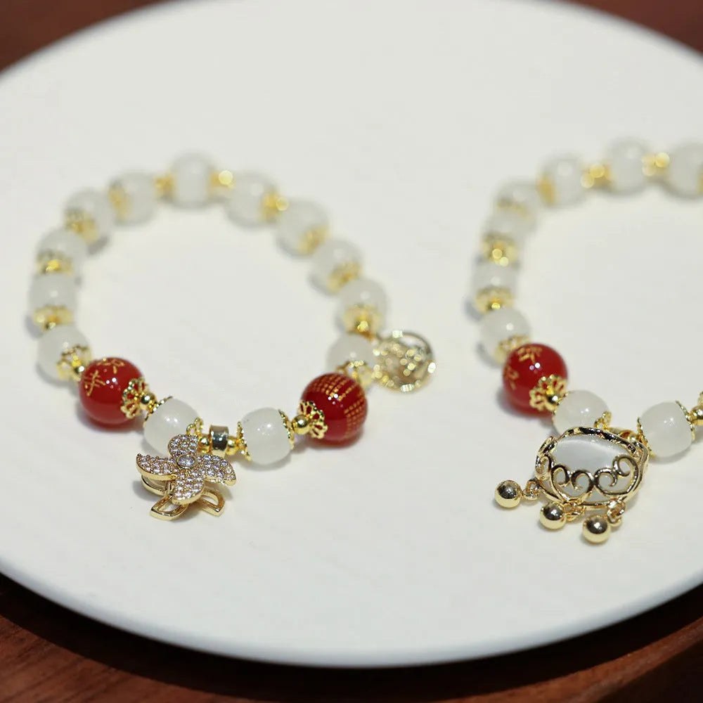 Chinese style glass bracelet with safety lock, windmill and bamboo charms for women