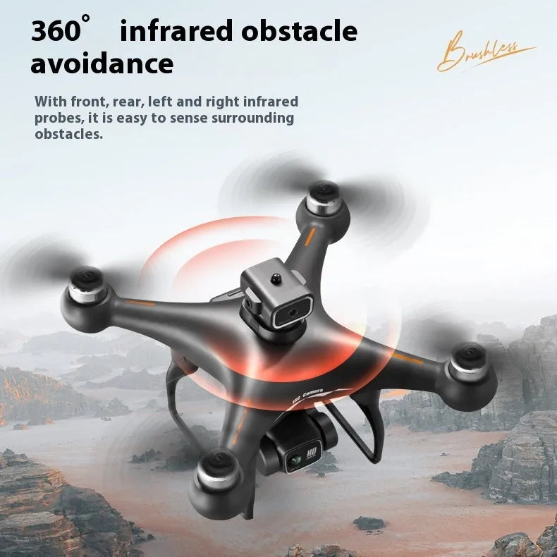 Black HD brushless motor UAV drone with four-side obstacle avoidance sensors and camera, remote control shown beside it.