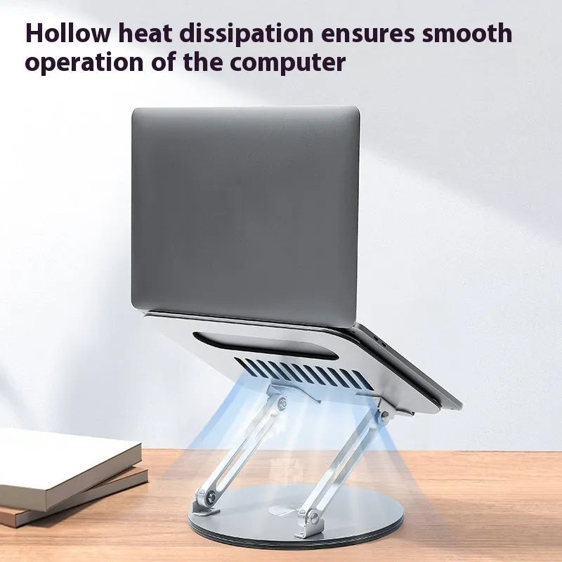 Silver aluminium alloy laptop stand in folded and extended positions showing rotation capability