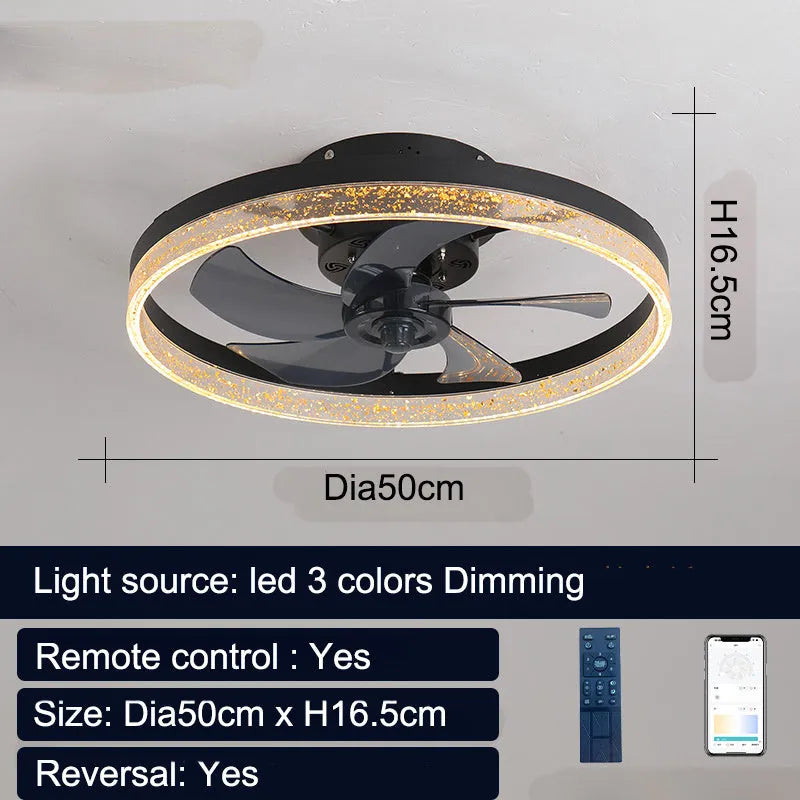 Nordic design ceiling fan light with remote control in 50cm diameter iron and acrylic construction