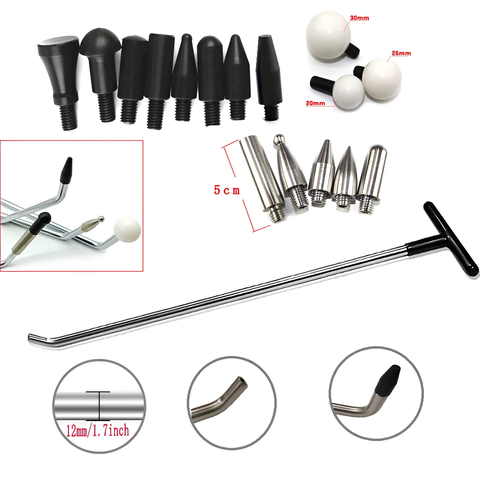 Silver spring steel car dent repair tool with single hook and sixteen replaceable heads for no-paint dent removal
