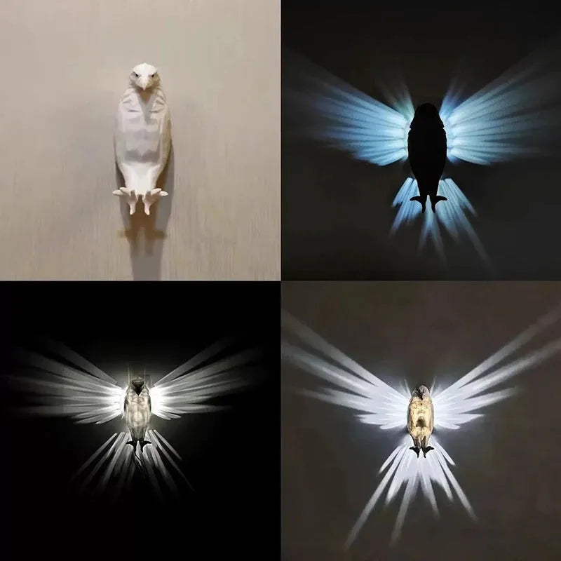 Eagle-shaped 3D projector wall lamp with resin plastic construction showing light projection effects