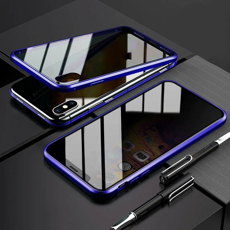 Black double-sided glass magneto clamshell case for iPhone showing magnetic closure and anti-peeping screen.