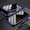Black double-sided glass magneto clamshell case for iPhone showing magnetic closure and anti-peeping screen.