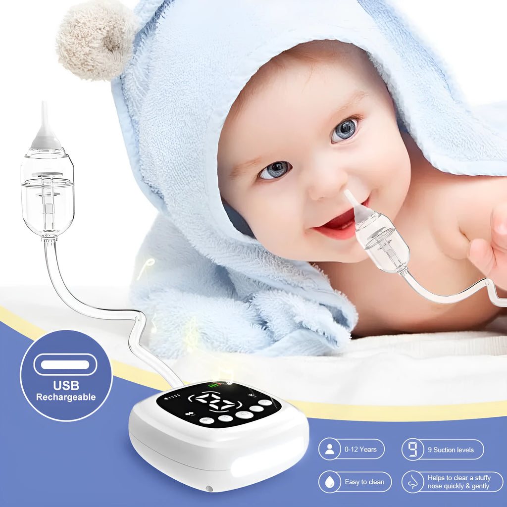 White plastic electric nasal aspirator with catheter tip for baby nasal cavity cleaning