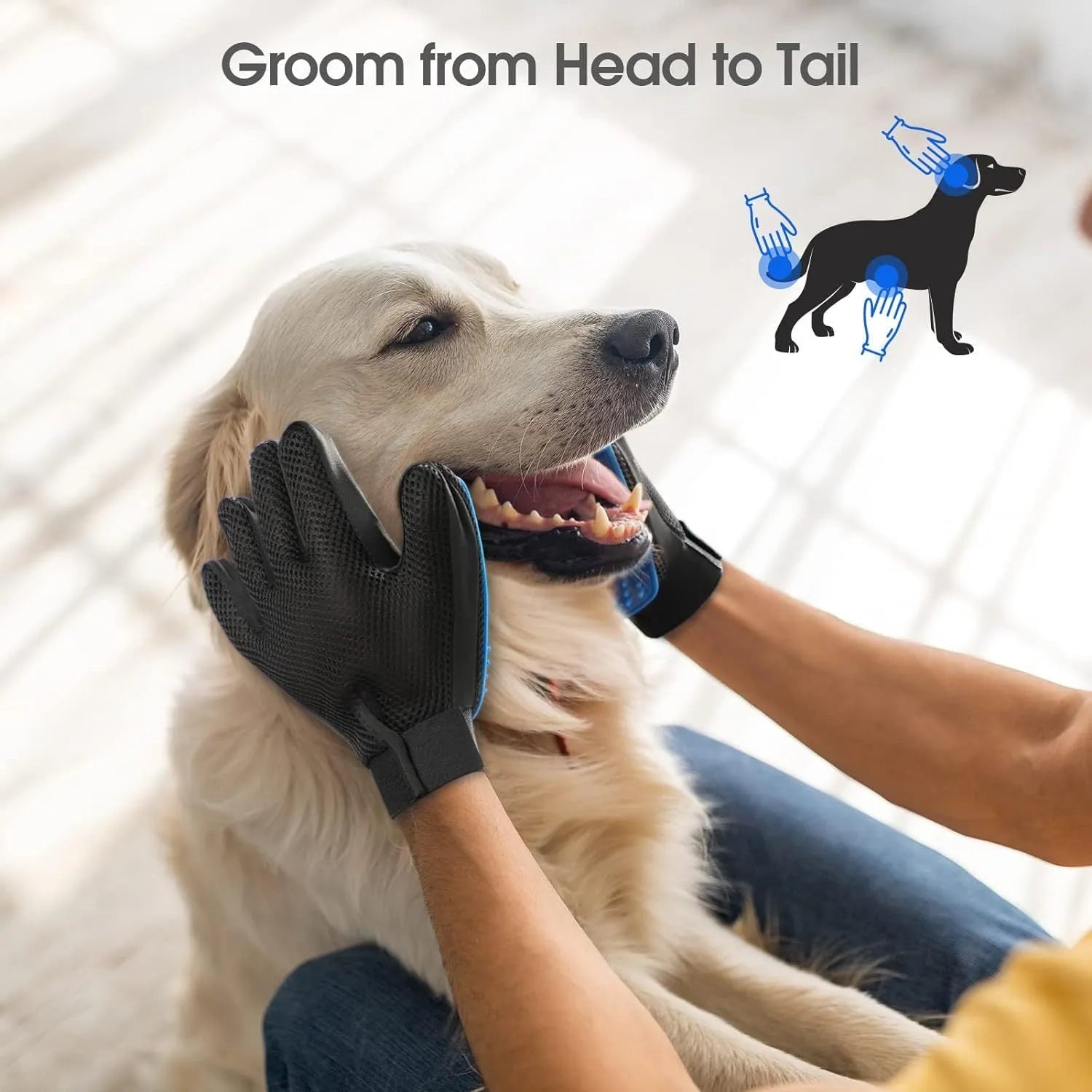 Blue pet grooming glove with silicone tips for removing hair from dogs and cats.