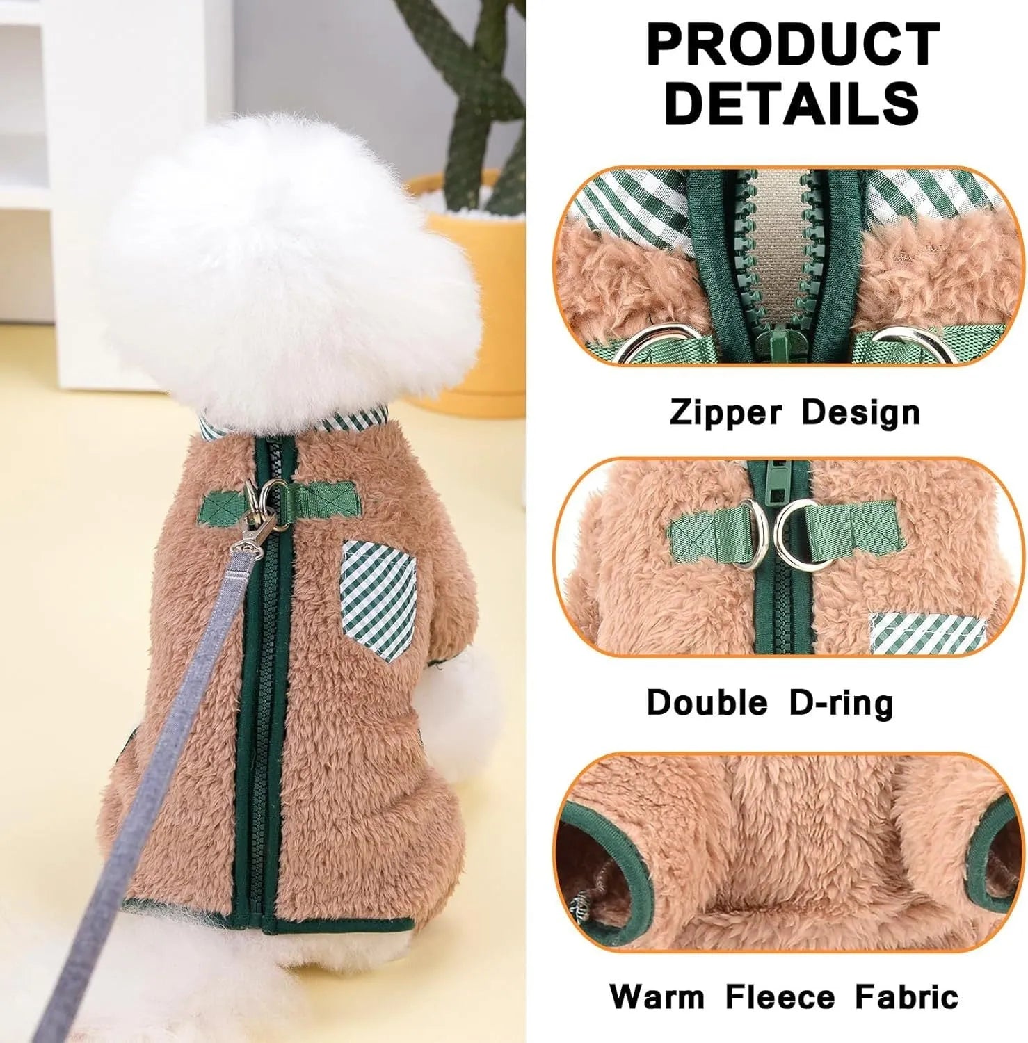 Plush fleece four-leg dog jumpsuit coat with back zipper for small breed winter warmth