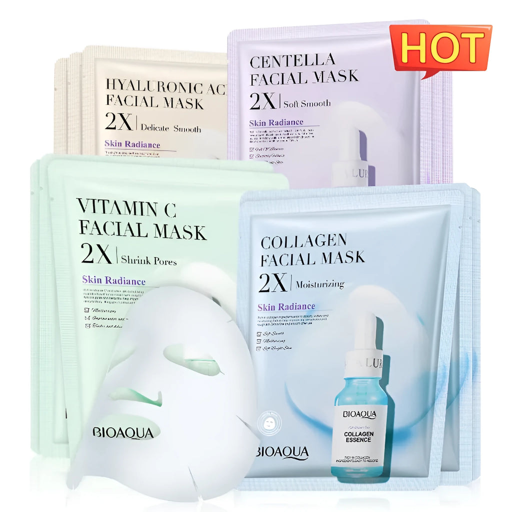 Collagen, Hyaluronic Acid, Vitamin C and Centella Asiatica gel sheet face masks in individual packets.