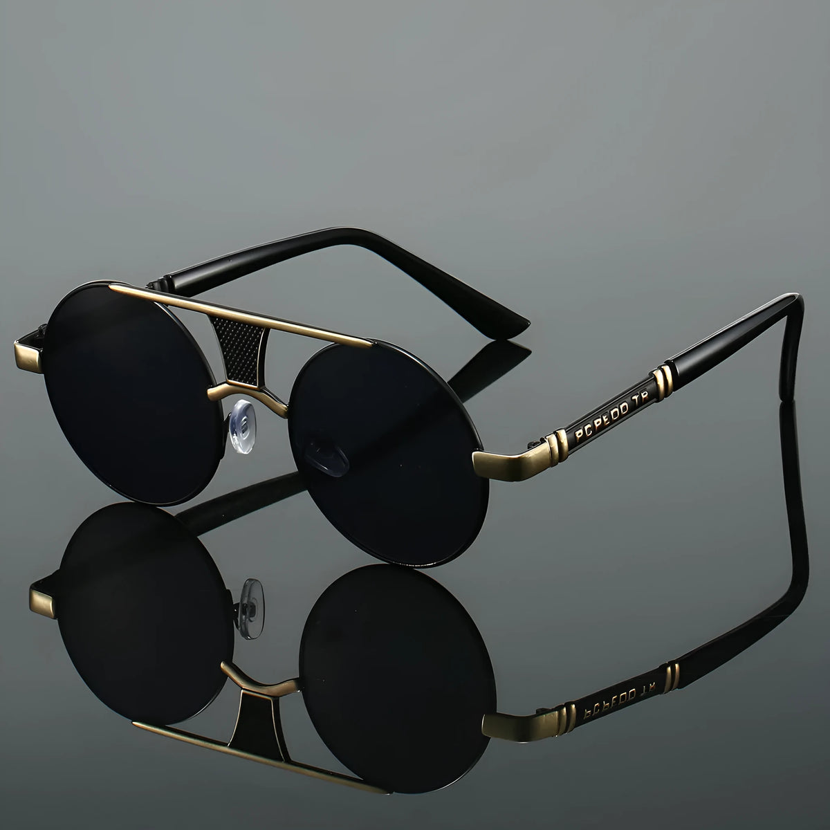 Men's double beam round frame HD sunglasses black frame black lens classic style