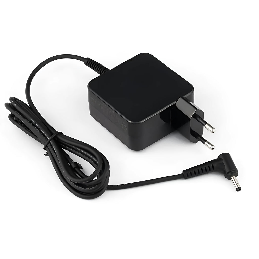 Black 45W laptop adapter with American standard DC connector showing compact dimensions