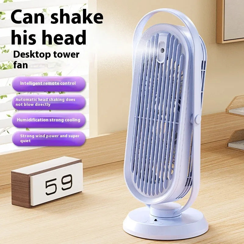 White desktop USB tower fan with humidifier function and remote control on office desk